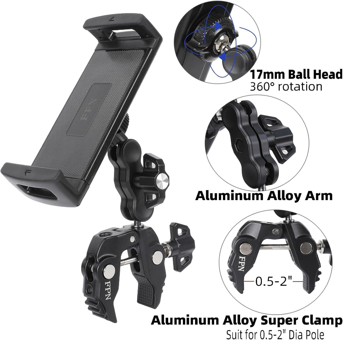 Tablet Holder for Microphone Stand/Treadmill/Spin Bike/Stroller/Golf Cart/Handlebar/Stationary Bike, Phone iPad Holder Mount for iPad Pro 12.9, Galaxy Tabs, iPhone(4.7-13”)