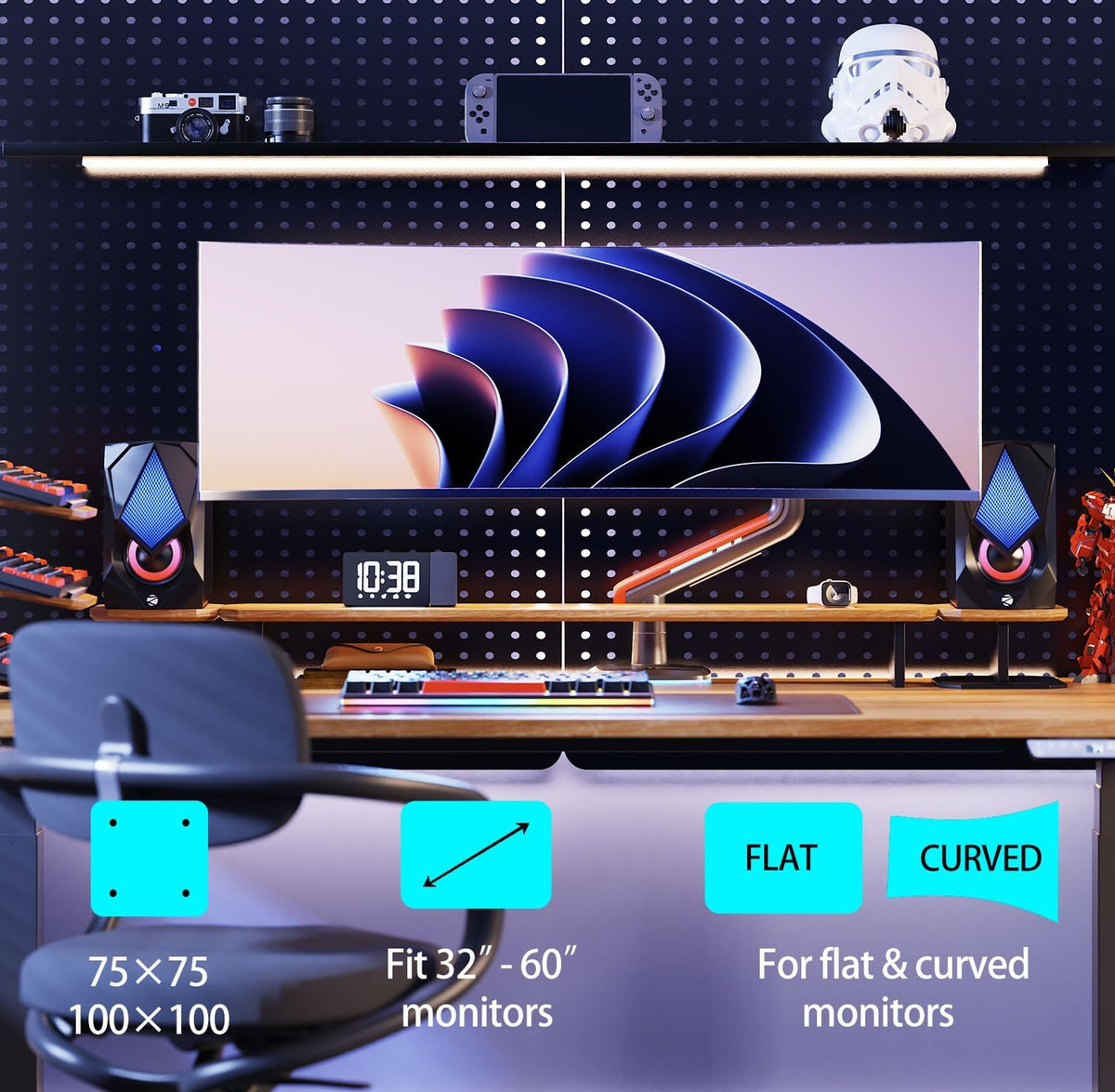 RGB Gaming Monitor-Arm for Flat/Ultrawide/Curved Monitors 32 to 60 inch, Heavy Duty Stand Load up to 20 kg, VESA 75/100 mm Monitor-Mount L50