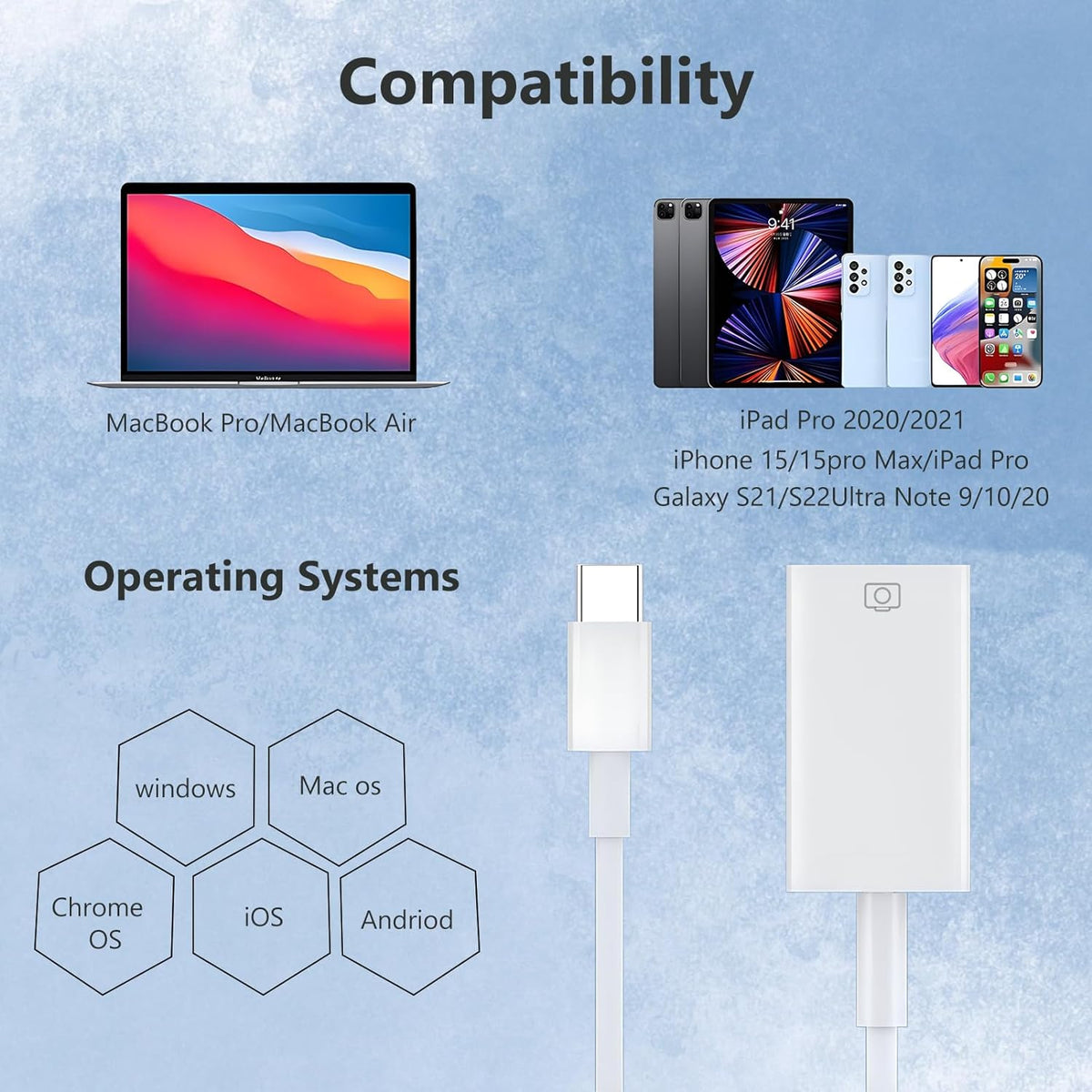 Type-c to USB Adapter, USB-C to USB-A 3.1 Gen1 Female Adapter Cable Converter, 5Gbps High-Speed, for Laptops, Tablets, Phones, USB Flash Drive,Card Reader,MIDI Keyboard, Mouse White