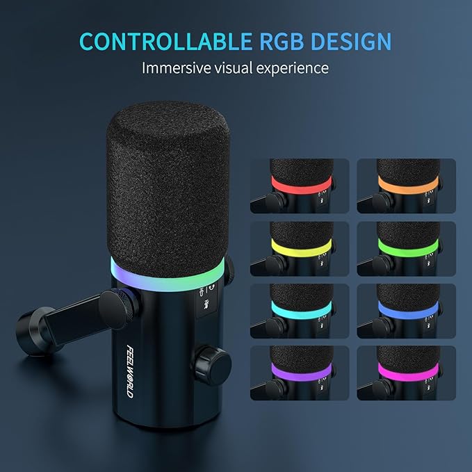 FEELWORLD PM1 XLR USB Dynamic Microphone with Desktop Stand Gifts for Podcast Recording PC Computer Gaming Live Streaming Vocal Voice-Over Studio Metal Mic RGB Light Mute Button Headphones Jack