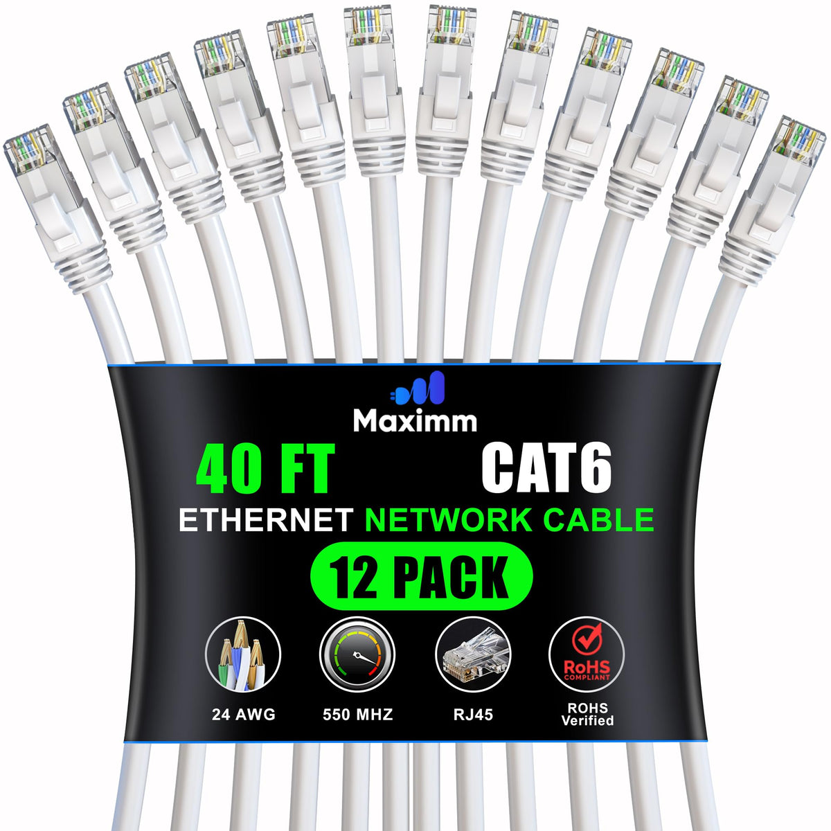 Maximm Cat 6 Ethernet Cable 40 ft (12-Pack) - High-Speed LAN, Internet, Patch, and Network Cord - UTP, 10Gbps, 550MHz - White