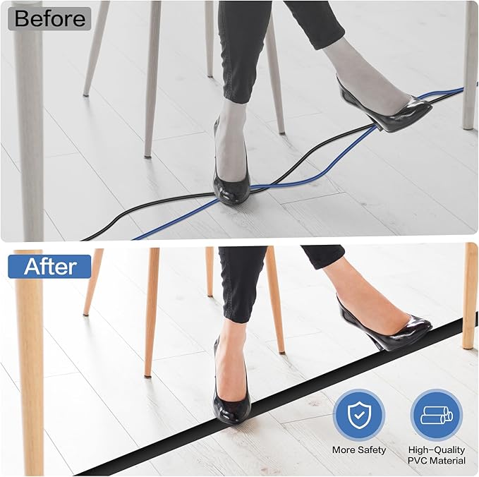 Floor Cord Cover Self Adhesive Cord Hider Floor Extension Cord Covers for Floor Power Cord Protector Cable Management Prevent Cable Trips Cable Cavity 0.51" W x 0.31" H (Black, 10Ft)