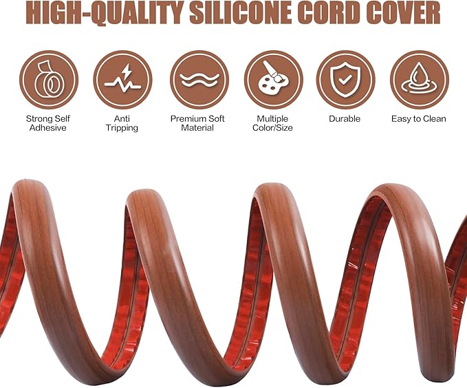 Floor Cord Cover Self Adhesive Cord Hider,10FT Cable Management, Extension Strip Protector for Wires, Prevent Cable Trips for Offices, Gyms, Exhibitions Cavity:0.39"(W) x 0.27"(H) Wood Red Teak