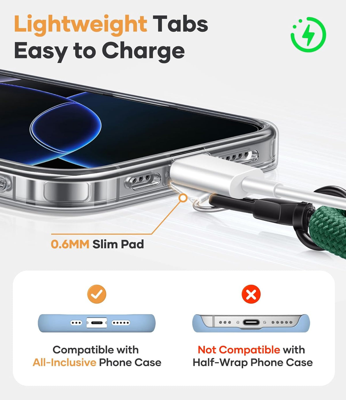 for Phone Lanyard Crossbody with 2X Clear Phone Tabs, Adjustable Anti Theft Phone Strap, Premium Metal Carabiner, Skin-Soft, Wrist Strap for iPhone Samsung Pixel Most Smartphones, Green