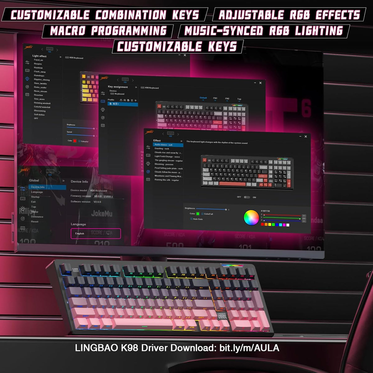 LINGBAO K98 Wireless Mechanical Gaming Keyboard, Tri-Mode BT5.0/2.4GHz/USB-C, Creamy Keyboard with Number Pad, Hot Swappable Gasket Custom Linear Switches RGB Backlit Keyboards for Win/Mac/PC/Laptop
