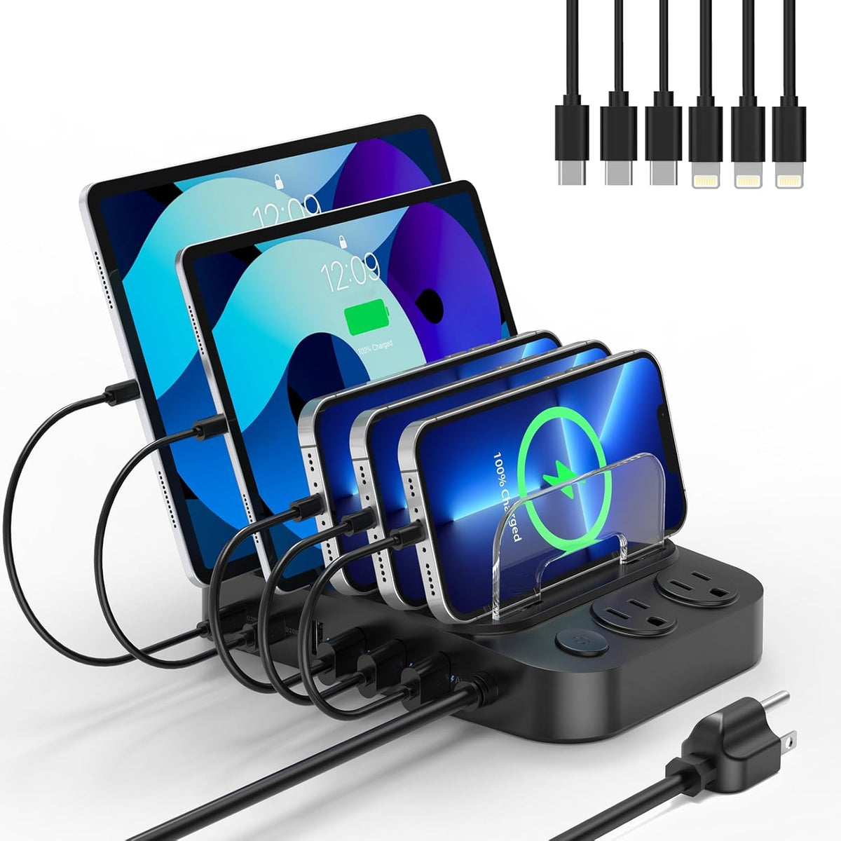 Catlyn Charging Station for Multiple Devices, 8 Port Charger Stations with 6 Mixed Charger Cables Organizer Dock,Compatible for Cell Phone,Tablet, Kindle, iPhone iPad for Family Home