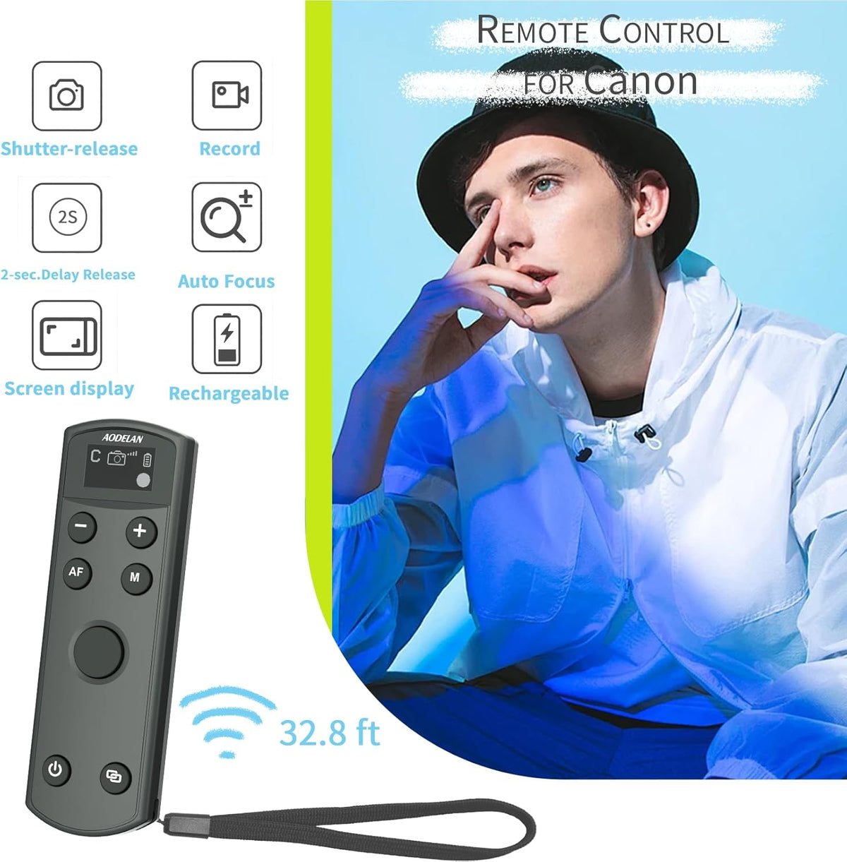 Remote Control for Canon Camera,Rechargeable Wireless Shutter Release with OLED Screen for Canon EOS RP, EOS R, R5, R6, M50, M50 II, 6D Mark II, 77D, 850D, 800D, Rebel T7i, T8i, 90D; Replaces BR-E1