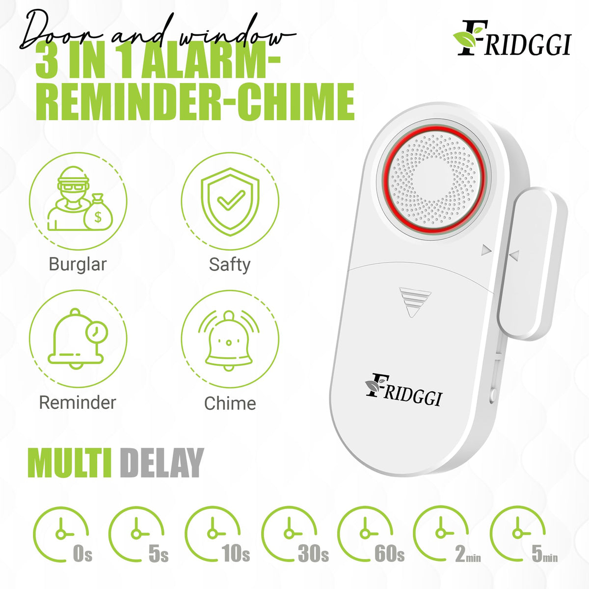 3-in-1 Alarm - Door Left Open Alarm, Doors Chime with Delay, 0/5/10/30/60 Seconds, 2/5 Minutes, Gate Ajar Alert, 80 to 120 dB, Close Door Reminder