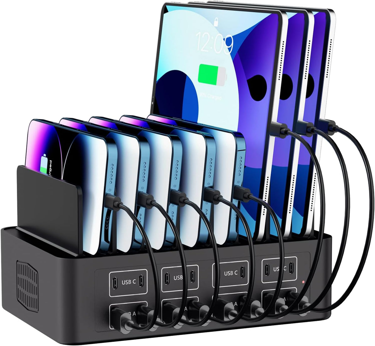 150W/35A Charging Station for Multiple Devices, 16 Port USB C Fast Charging Station with Adjustable Dividers - Organizer Charging Dock for Smartphone, iPad, Kindle, Tablet & More