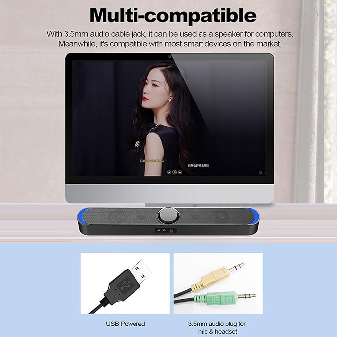 USB Powered Computer Speakers with LED Lights 3.5mm Audio Mic Plug Wired Speaker for PC Cellphone Tablets Desktop Laptop
