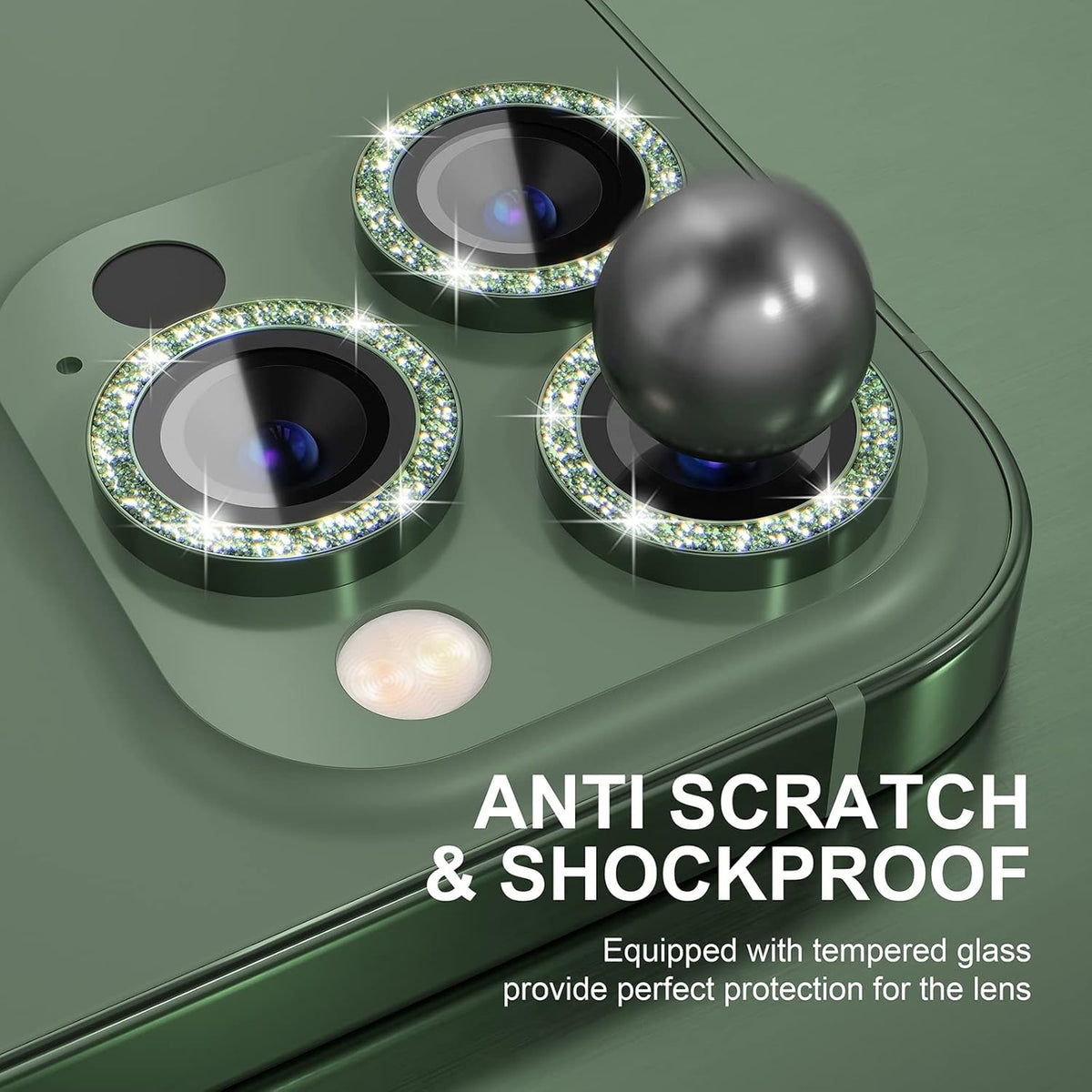 Choiche [3+1 for iPhone 13 Pro/iPhone 13 Pro Max Camera Lens Protector Bling, 9H Tempered Glass Camera Cover Screen Protector Metal Ring Decoration Accessories (Glitter-Alpine Green)