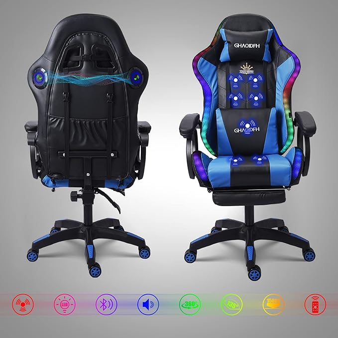 Massage Gaming Chair with Speakers and LED Light Ergonomic Computer Gaming Chair with Footrest and Adjustable Lumbar Support PU Leather 90°-135° Racing Video Gaming Chair.Pink