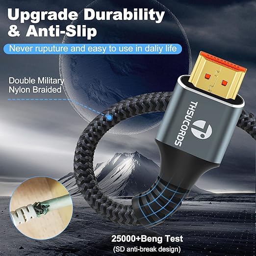 Thsucords 8K 4K HDMI Cable 6.6FT, High Speed Braided HDMI to HDMI 2.1 Cord Supports 8K@60Hz, 4K@120Hz 144Hz 48Gbps Compatible with Roku TV/PS5/HDTV/Blu-ray