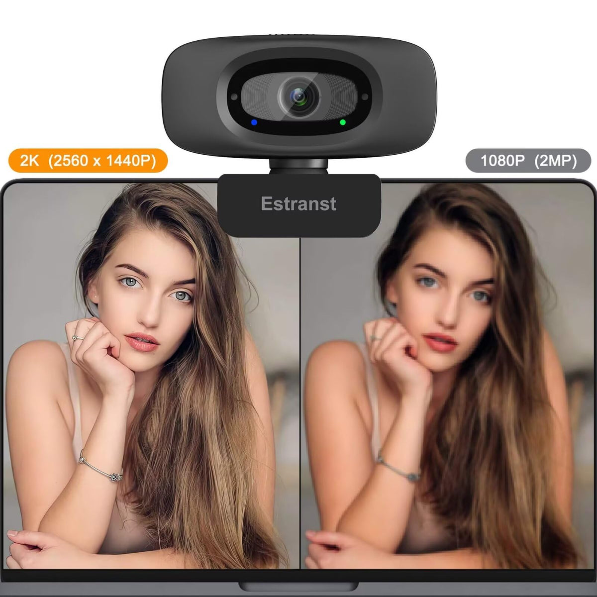 Estranst 2K Quad HD Webcam with Privacy Cover & Noise-Canceling Microphone & USB C Adapter, Video Web Streaming Camera for PC Computer Desktop Laptop