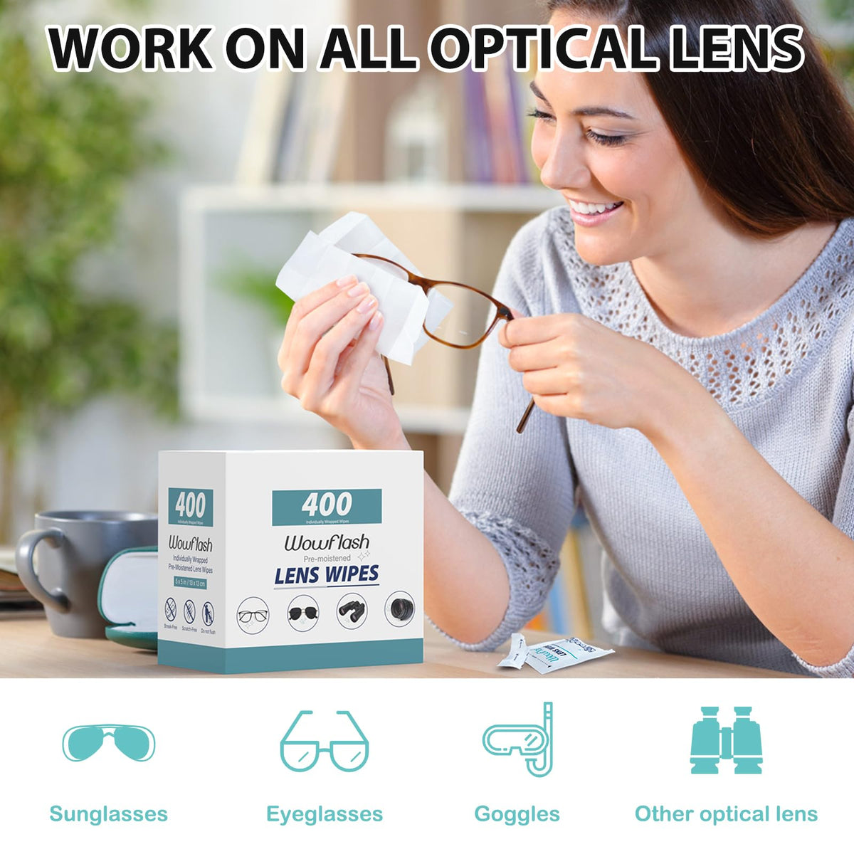 400 Count Lens Wipes for Eyeglasses, Eyeglass Lens Cleaning Wipes Pre-moistened Individually Wrapped Sracth-Free Streak-Free Eye Glasses Cleaner Wipes