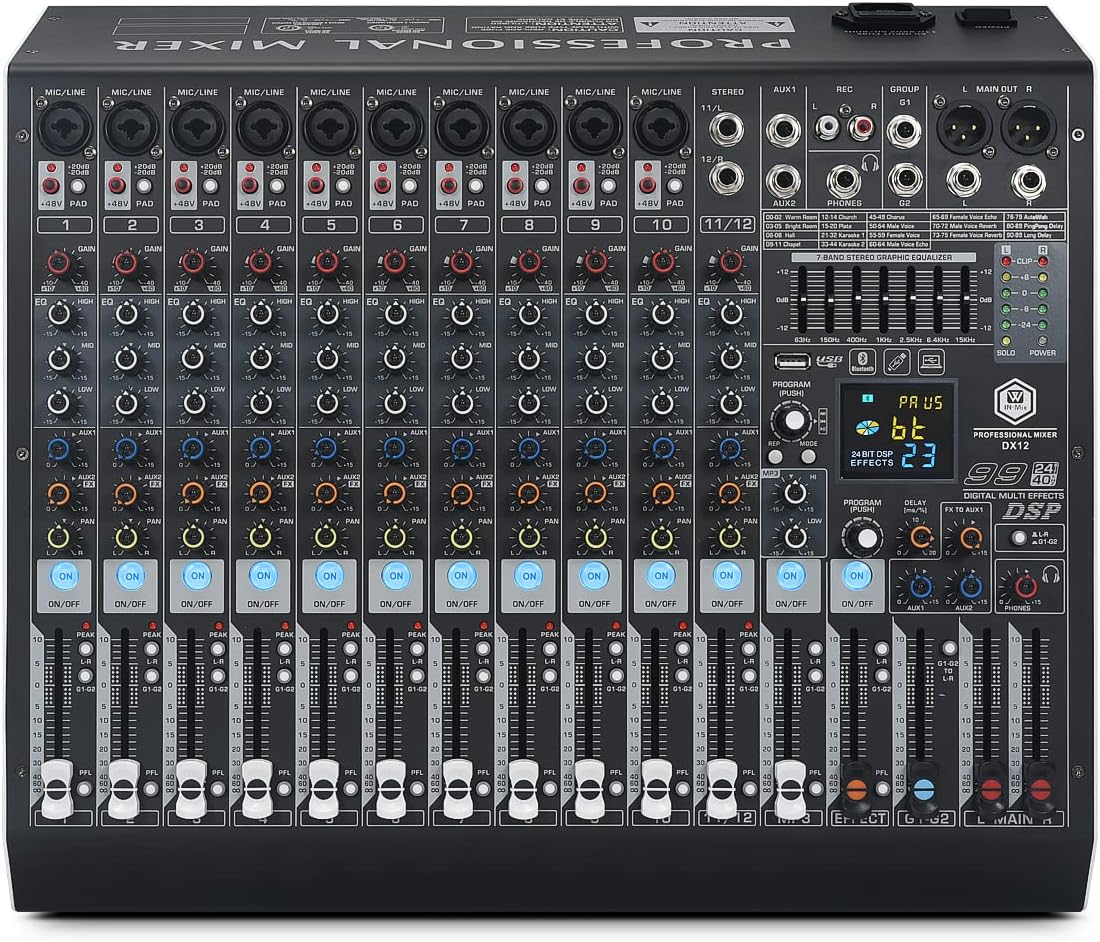 W IN-MIX DX12 Professional DJ Audio Mixer 12 Channel with 99 DSP Effects,7-band EQ,Independent 48V Phantom Power&Mute Button,Bluetooth Function,USB Interface Recording For Studio & Stage