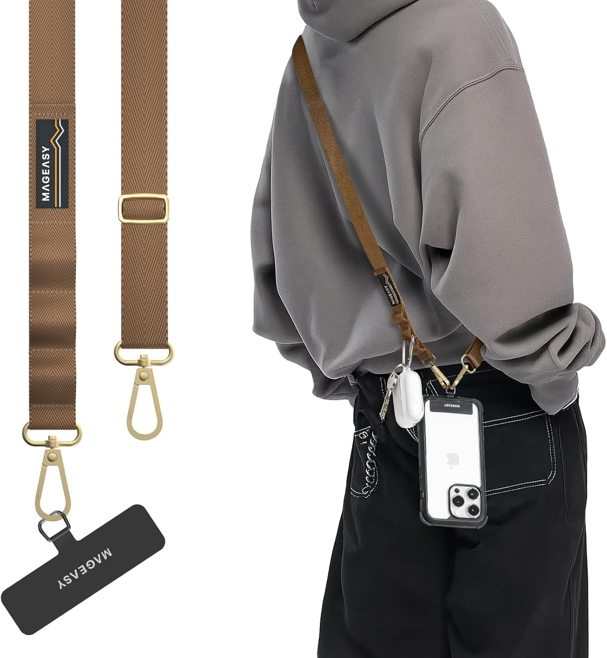 MAGEASY Universal Cell Phone Lanyard Crossbody - Anti-Theft Crossbody Phone Strap for iPhone 16 Pro Max & Most Smartphones, for Men & Women | 20mm (Khaki)