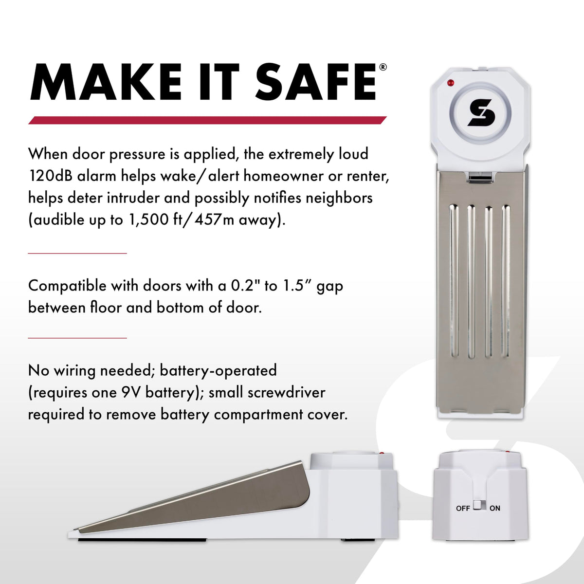 SABRE 120 dB Wedge Door Stop Security Alarm, Extremely Loud Wireless Alarm Siren Audible Up To 1,500 Ft., Non-Skid Pad, Compact Alarm Great for Home