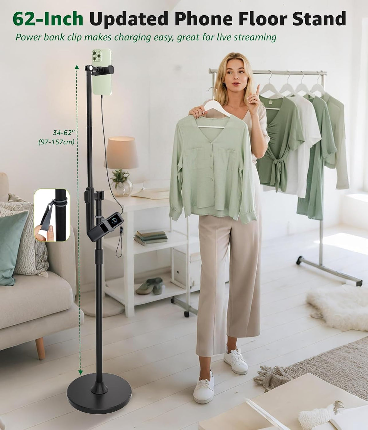 Phone Floor Stand, Overhead Phone Mount with Extendable Horizontal Arm & Remote, 360° Rotatable Extension Arm, Adjustable Tripod Stand for iPhone Video Recording, Photography, Live Streaming