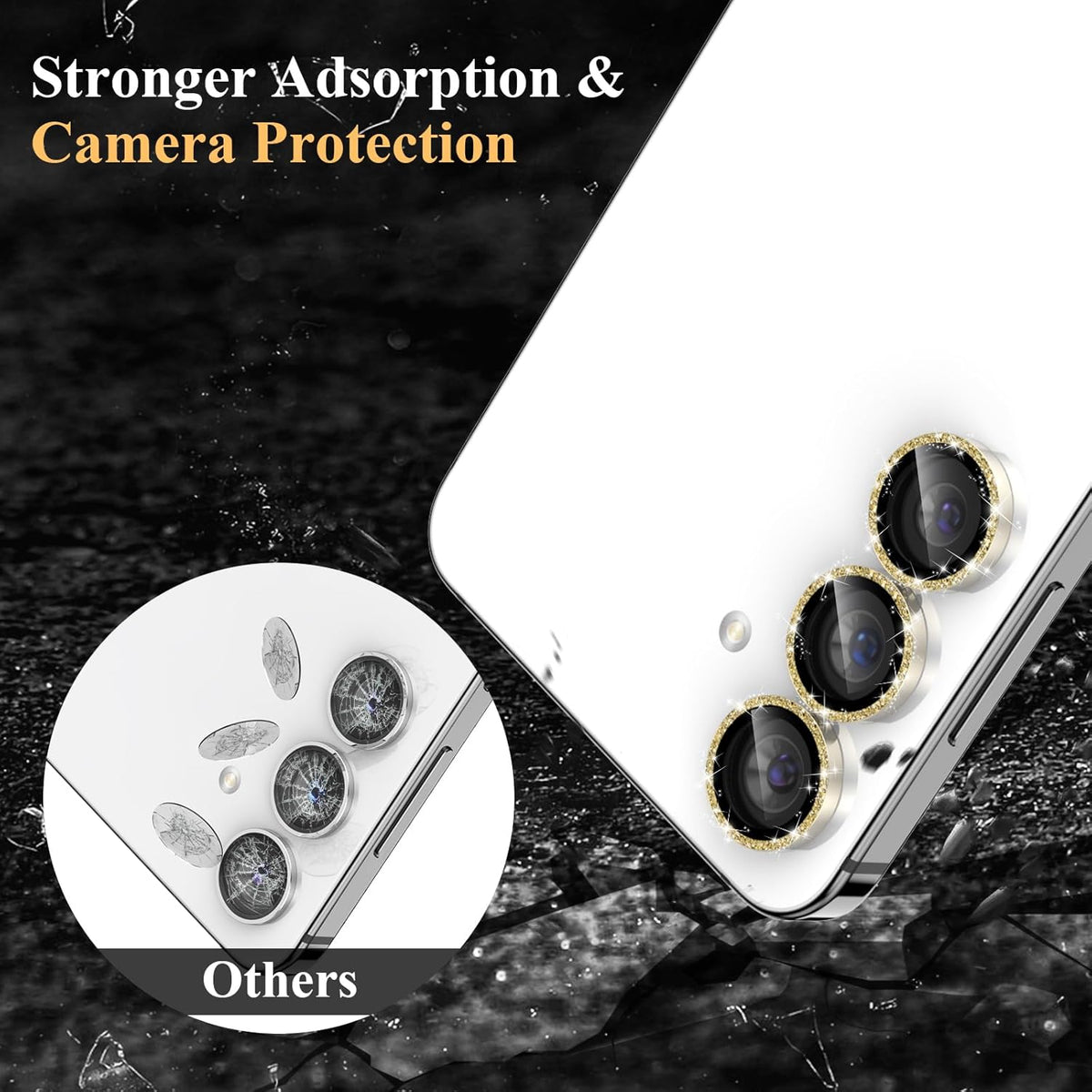YWXTW Camera Lens Protector for Samsung Galaxy S24 / S23 / S23 Plus, [NOT for S24 Plus] 9H Tempered Glass Metal Individual Ring Camera Screen Protector for S24 Accessories (Gold Glitter)