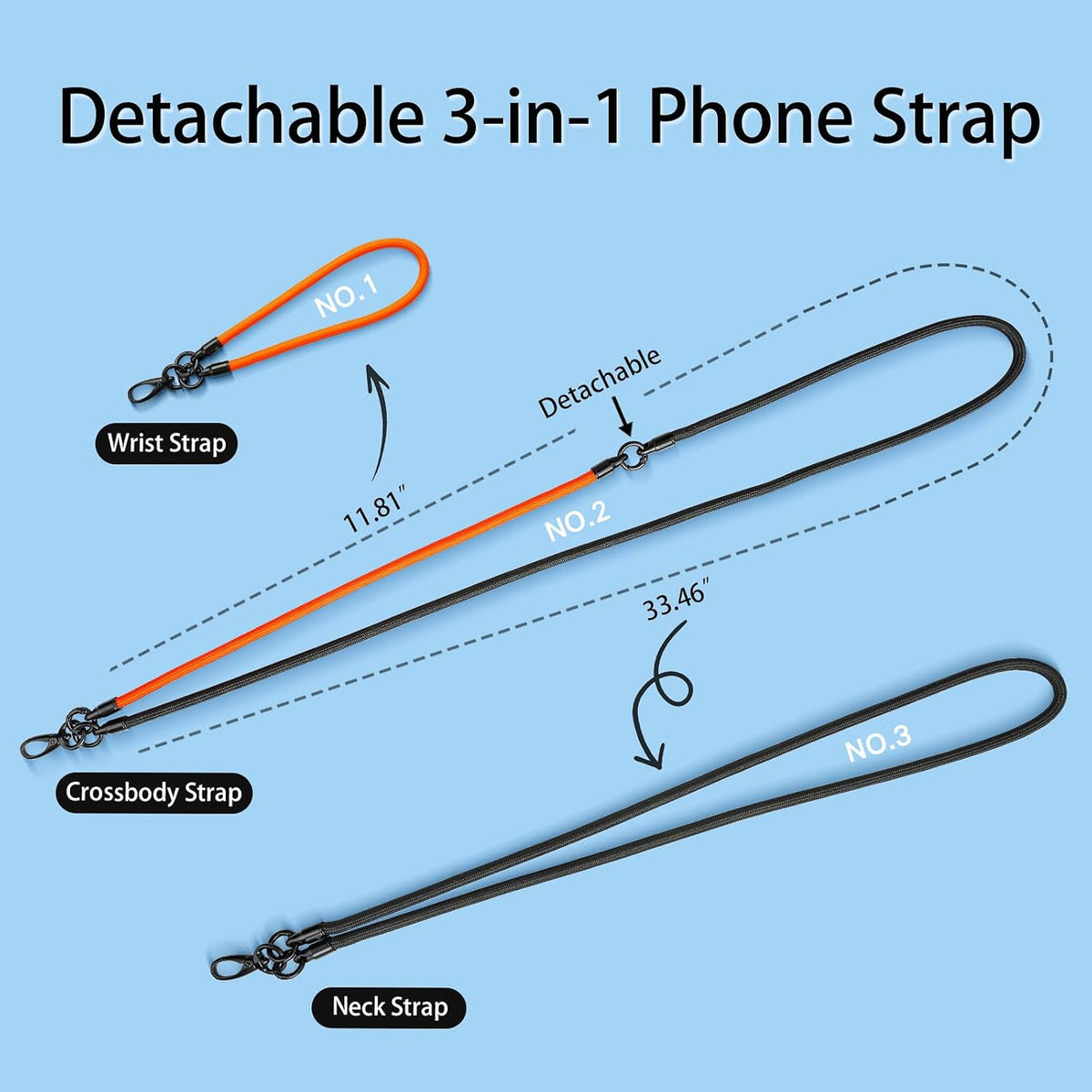Cell Phone Lanyard, Crossbody Strap, Neck Holder & Wrist Lanyard 3-in-1 Anti-Theft Phone Strap, Detachable Universal Smartphone Straps with a Tap, Durable Hook-Orange Black