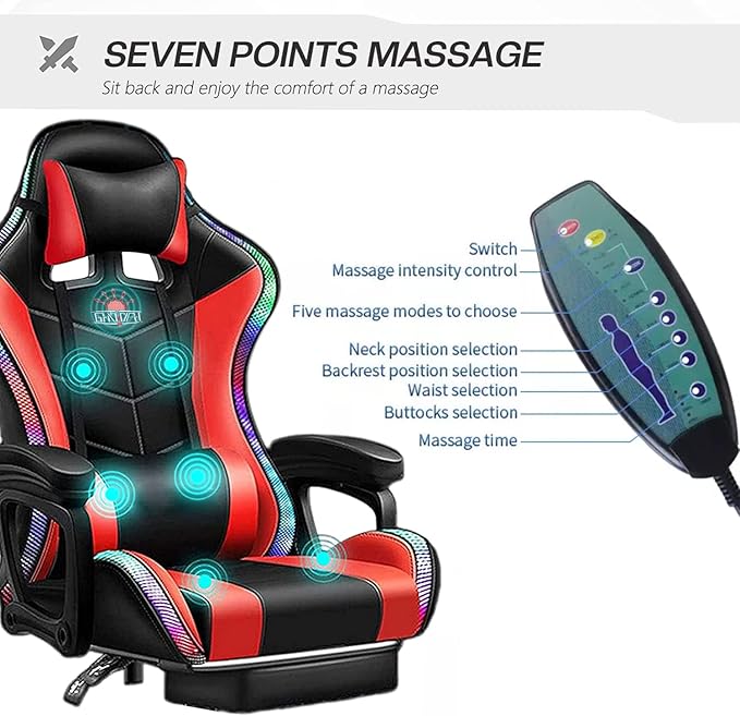 RGB Gaming Chair with Massage and Footrest Ergonomic Big and Tall Office Chair Computer Chair Video Game Chair with Speakers High Back Recliner Swivel Chair with Lumbar PillowWhite
