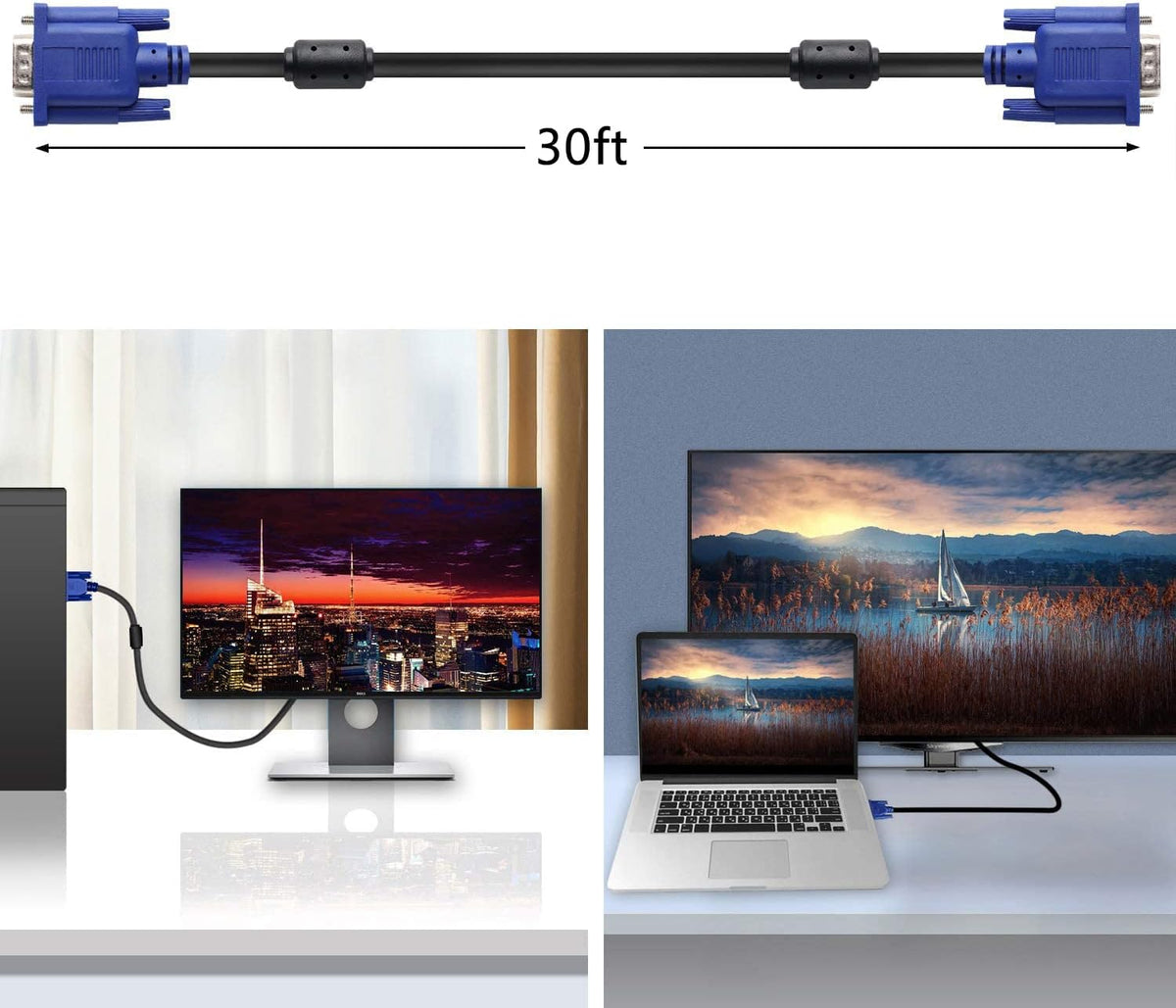 PASOW VGA to VGA Monitor Cable HD15 Male to Male for TV Computer Projector (30 Feet)