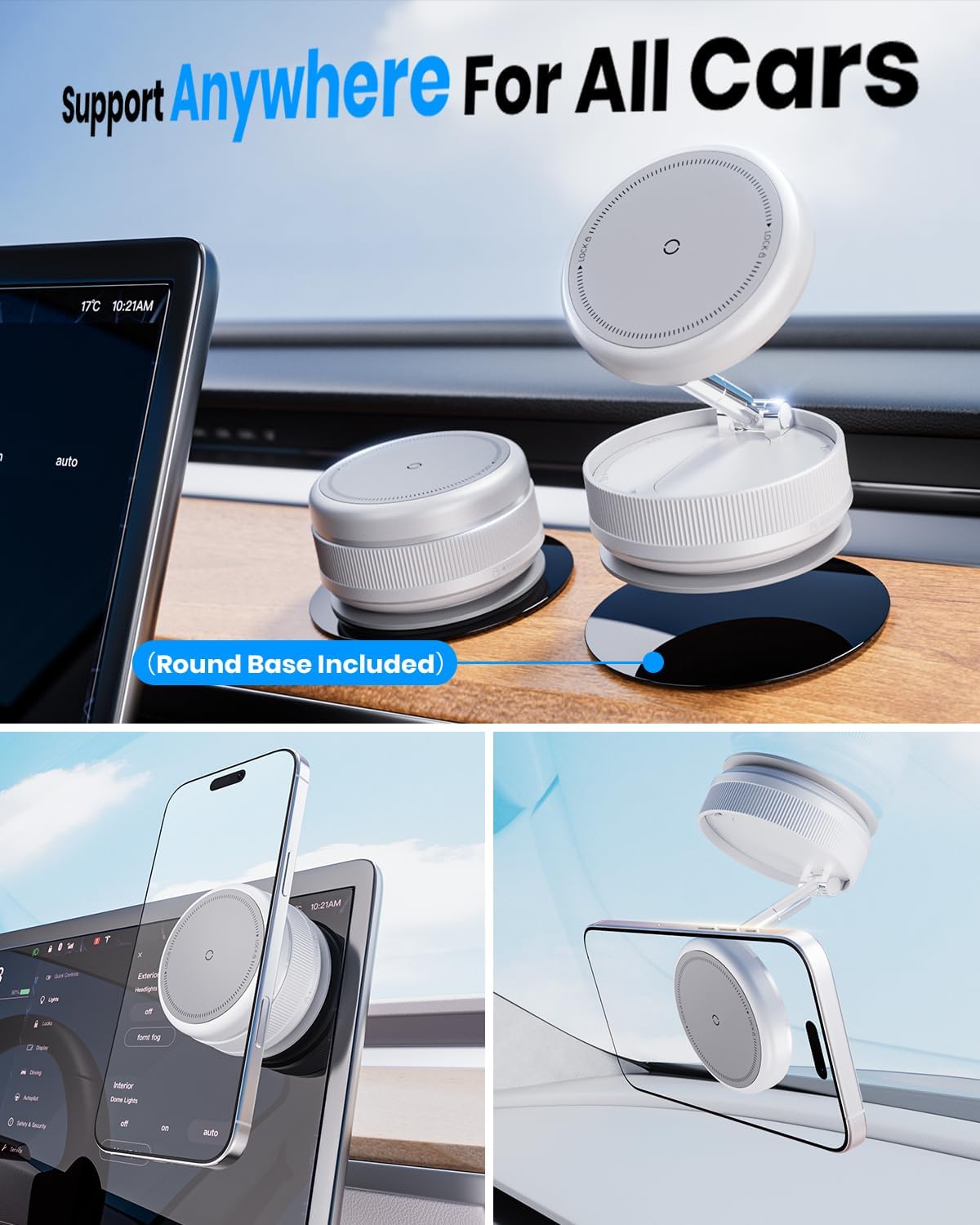Upgraded 360° Vacuum Magnetic Car Phone Holder for Magsafe [96+LBS Strongest Suction & 2800gf Strongest Magnetic], Adjustable Car Phone Mount for Your Car/Gym/Mirror for iPhone & Android, White