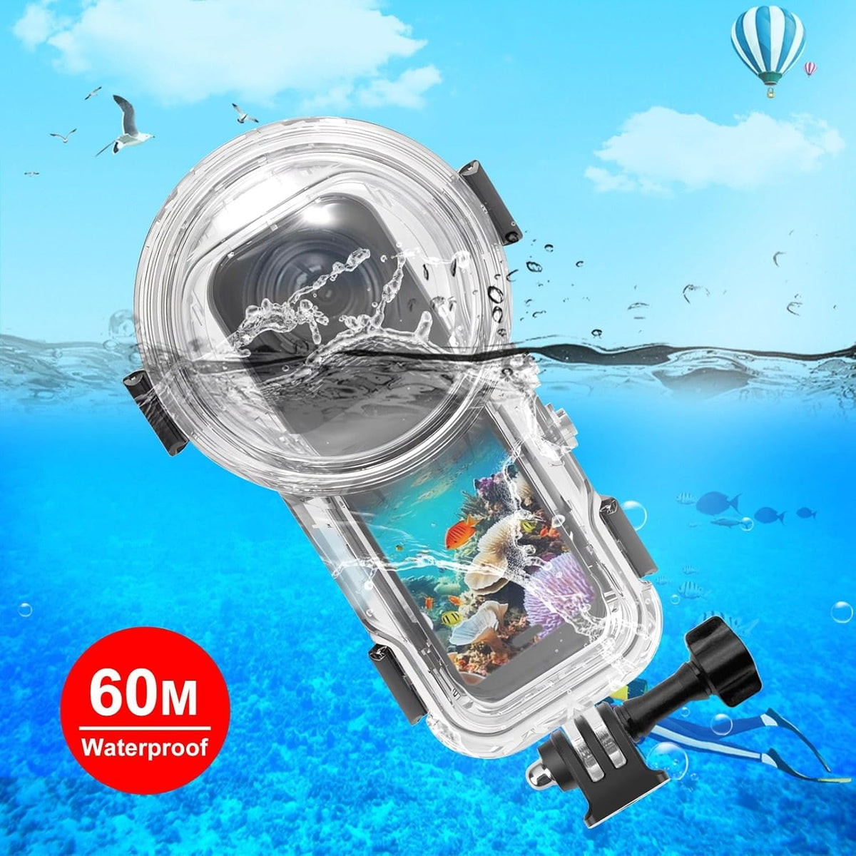 Invisible Dive Case for Insta360 X5, FotStdio Insta 360 X5 Waterproof Case 60m/196ft Underwater Diving Housing Cover Protective Sealed Shell Photography Housings Action Camera Accessories