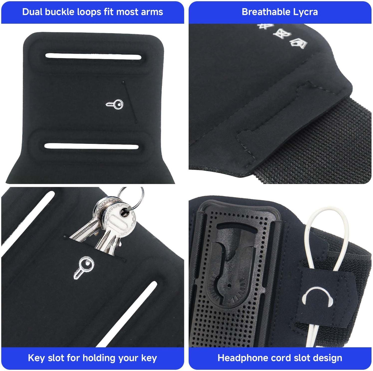 Wristband Phone Holder for Running, 360°Rotation & Detachable Sports Armband with Key Holder for iPhone 16/15/14/13/12/Pro/Pro Max/XS/XR/X/8/7/6/Plus, Fits 4.5-7 Inch Smartphones (Grey)