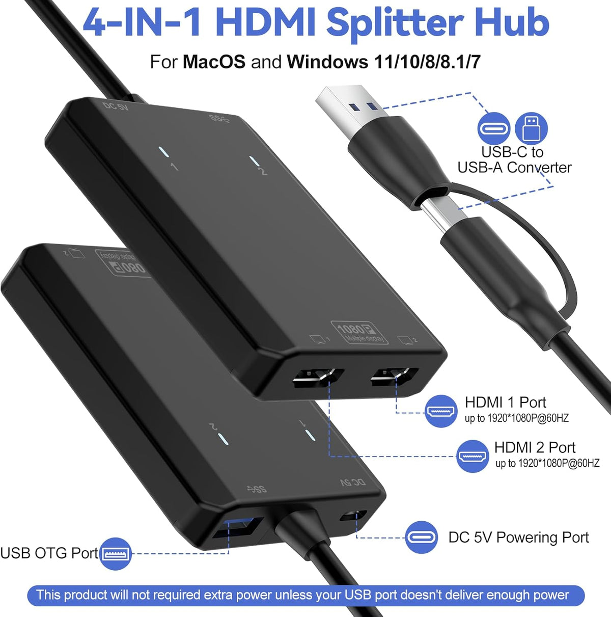 Herfair [1080P 3.0 1 2 11/10/8/7 USB to HDMI Adapter Full HD] HDMI Splitter for Dual Monitors USB to Extended Display