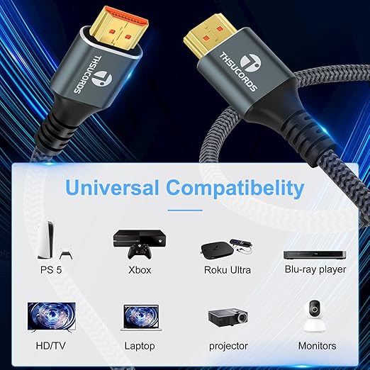 Thsucords 8K 4K HDMI Cable 10FT, High Speed Braided HDMI to HDMI 2.1 Cord Supports 8K@60Hz, 4K@120Hz 144Hz 48Gbps Compatible with Roku TV/PS5/HDTV/Blu-ray