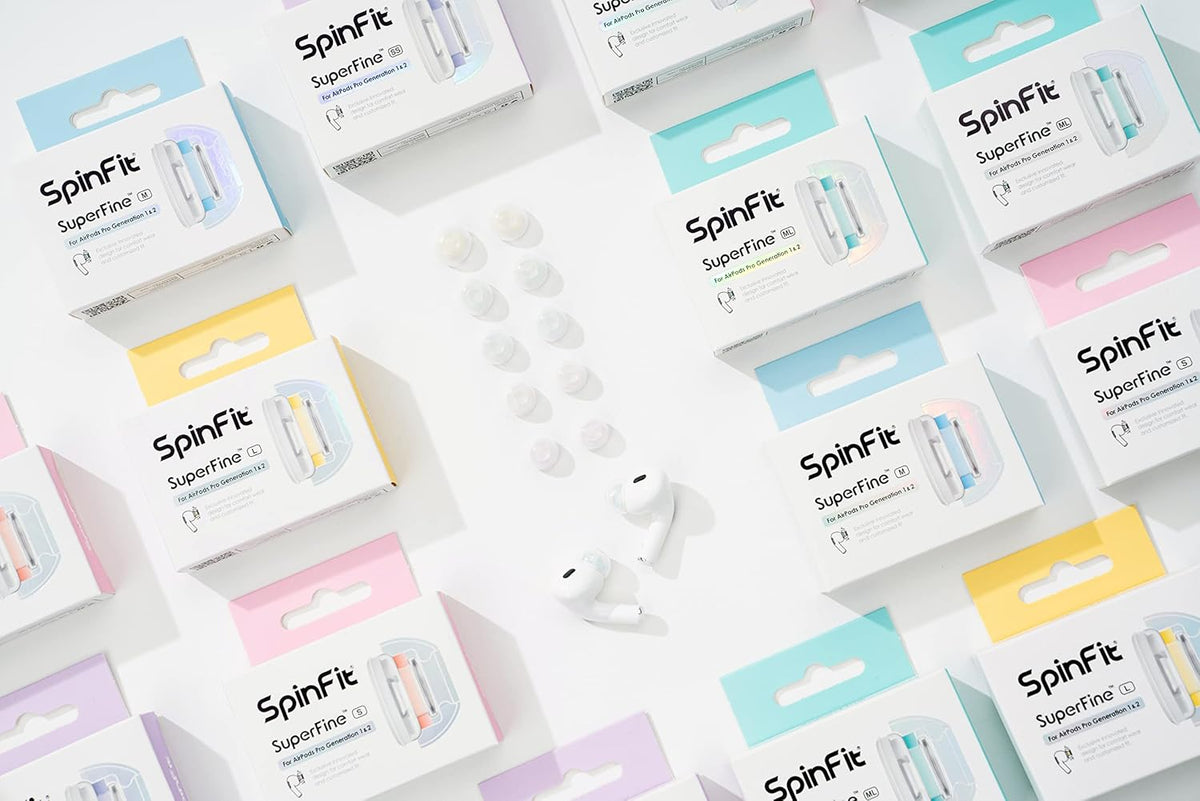 SpinFit Superfine for AirPods Pro Gen 1 & 2 - ML - Medical Grade Silicone Patented Replacement Ear Tips and Adapters for Supreme Comfort (one Pair)(Ear Tips Installed)