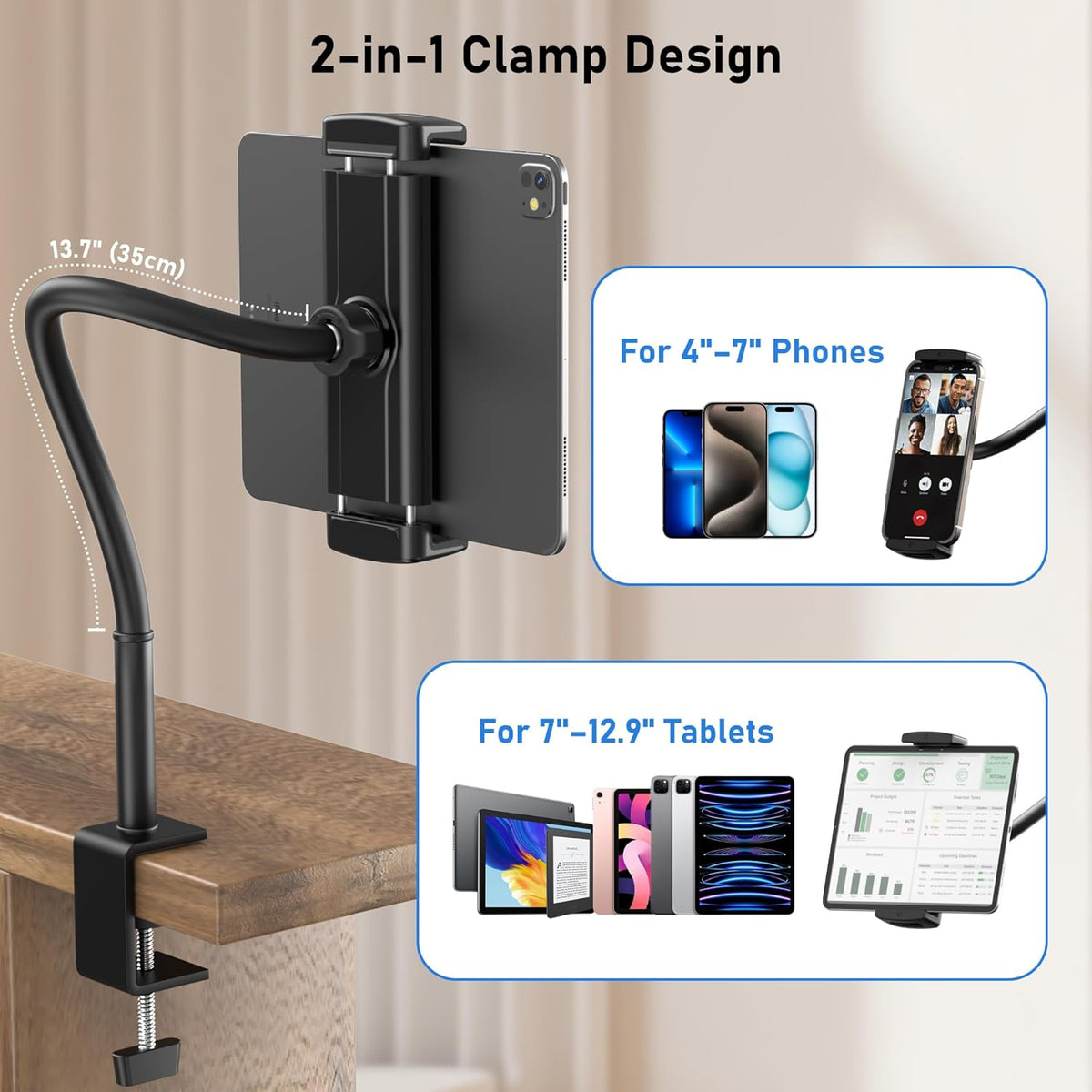 Tablet Stand for Desk, Gooseneck iPad Holder Clamp Mount, 360° Adjustable Arm Mount for iPad Pro/Air/Mini, Kindle Fire, Galaxy Tabs, 4.7"-13.5" Tablets, for Kitchen, Work, Video Call, Bed