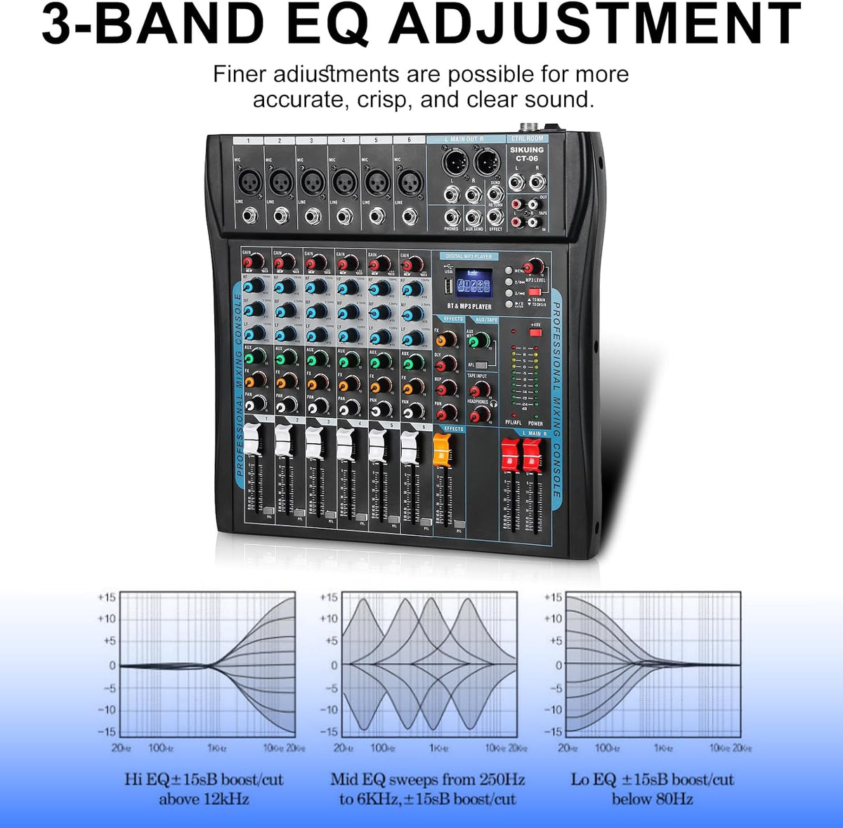 Audio Mixer,6 Channel Board Mixer for Streaming, Professional Sounds Board Mixer with 16 DSP Effect, USB Audio Interface and 48V Phantom Power, Stereo DJ Mixers for PC Recording/DJ stage