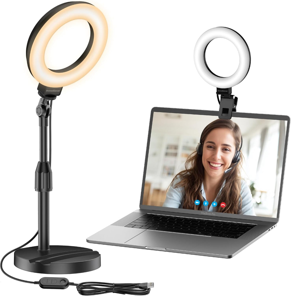 InnoGear 60 10W Desk Ring Light with Stand, LED Overhead Portable Selfie Light Video Conference Lighting with Clip