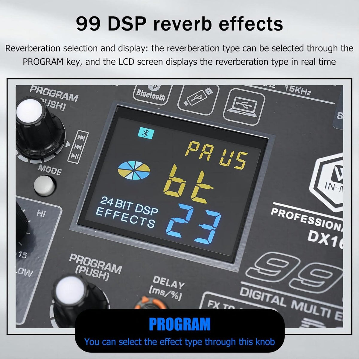 W IN-MIX DX16 Professional DJ Audio Mixer 16 Channel with 99 DSP Effects,7-band EQ,Independent 48V Phantom Power&Mute Button,Bluetooth Function,USB Interface Recording For Studio & Stage