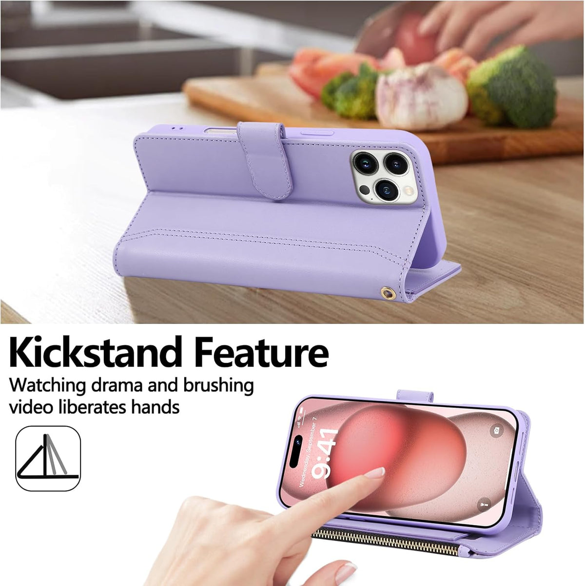 Compatible with iPhone 15 Pro Max Wallet Phone Case-PU Leather Magnetic Flip Cover with Credit Card Slots,Zipper Pocket & Detachable Wrist Strap,Shockproof Design,for Women and Men-Purple