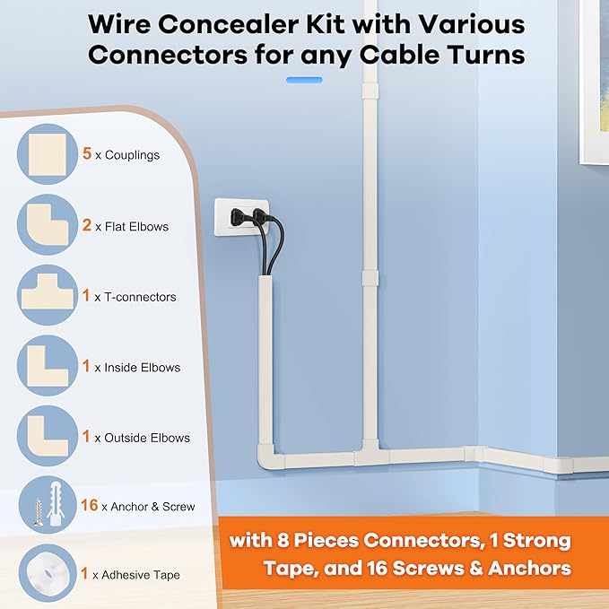 126in Cord Hider Kit, ZhiYo Wire Hiders for TV on Wall, Paintable Cable Management Kit, Wire Cover for Wall Mount TV, Beige Cable Raceway, Cord Cover Wall Wire Management Kit, 8xL15.7in W1.18inH0.67in