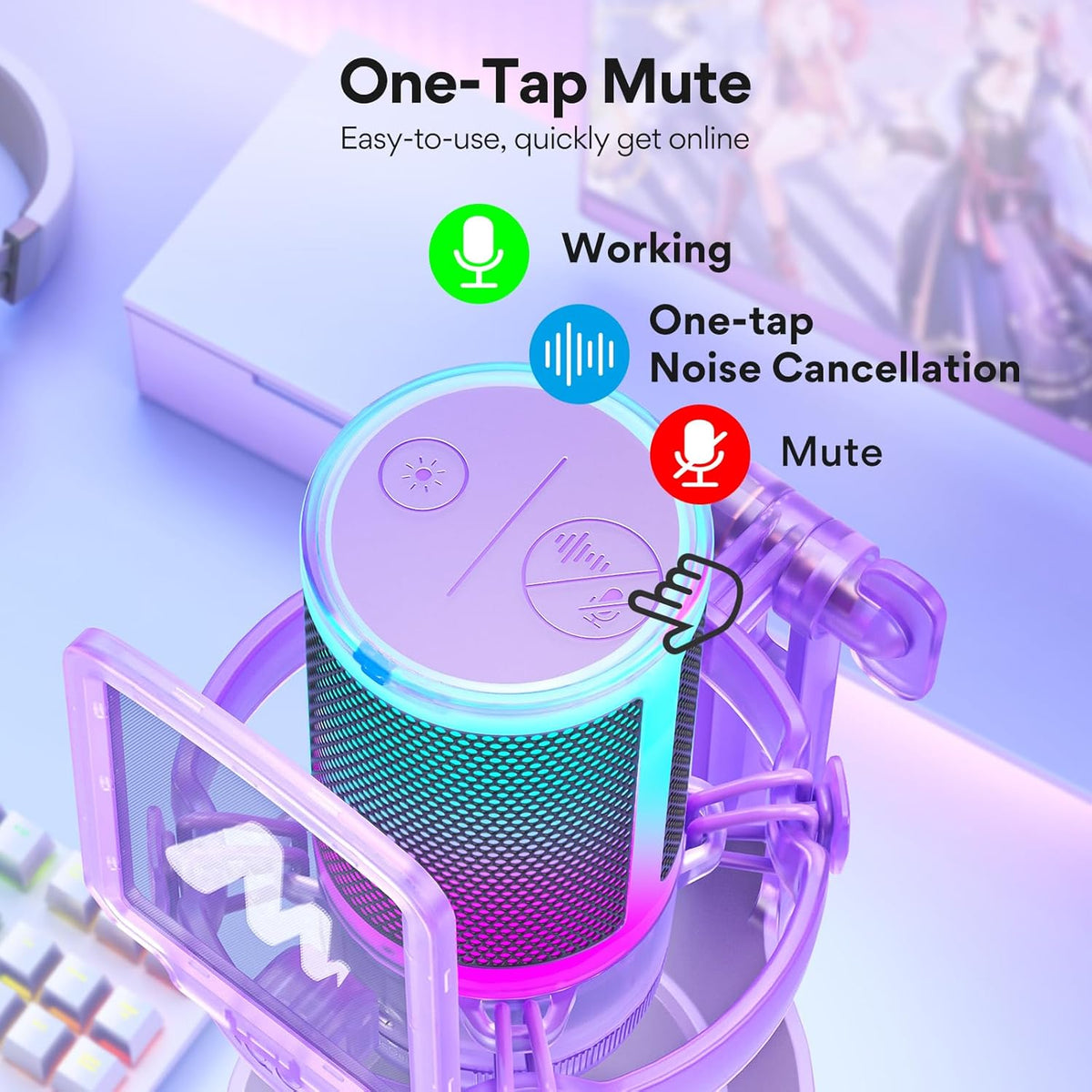 MAONO Gaming Microphone with Noise Cancellation, PC USB Condenser Mic for Computer, Mac, Laptop, PS5, Streaming, Podcast, Twitch, YouTube, Discord, GamerWave DGM20 Purple