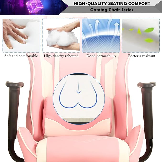Pink Gaming Chair with Footrest Big and Tall Gaming Chairs for Adults Leather Computer Desk Chair for High Back Height Adjustable Reclining Gamer Chair with 360° Swivel Wheels &amp Lumbar Support