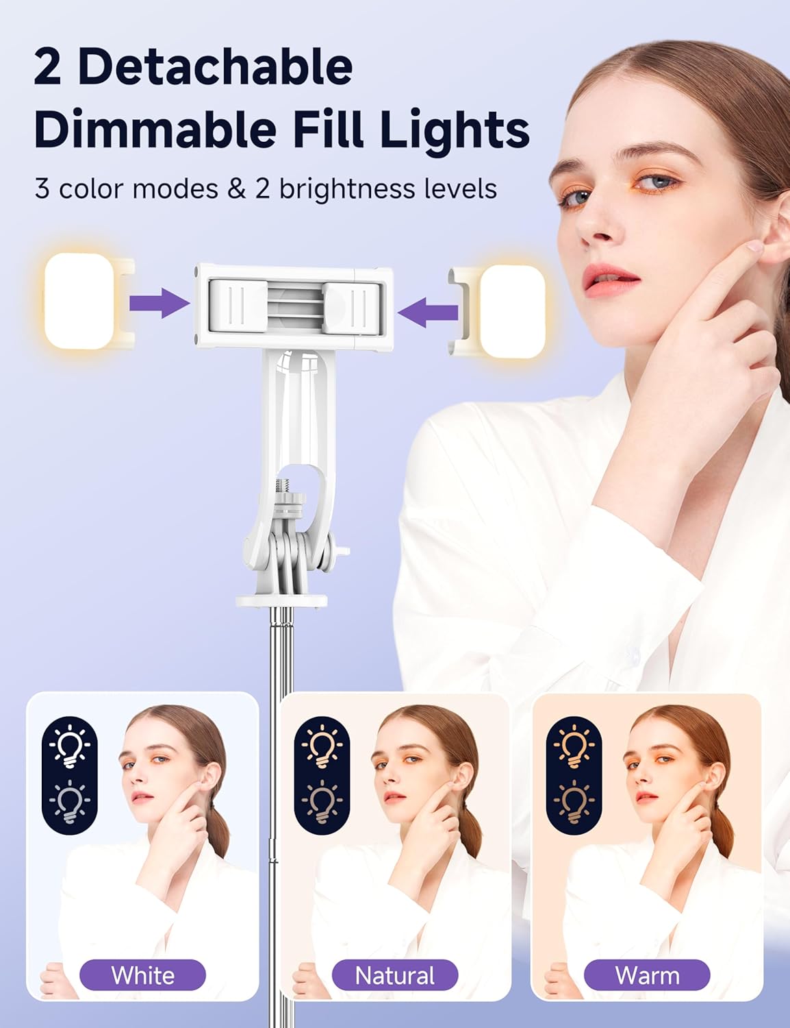 Selfie Stick Tripod with 2 Light, 3 Light Modes & 6 Brightness Levels Extendable Phone Tripod with Detachable Remote & Phone Holder, Portable Camera Tripod Compatible with iphone16 15 14 13/Android