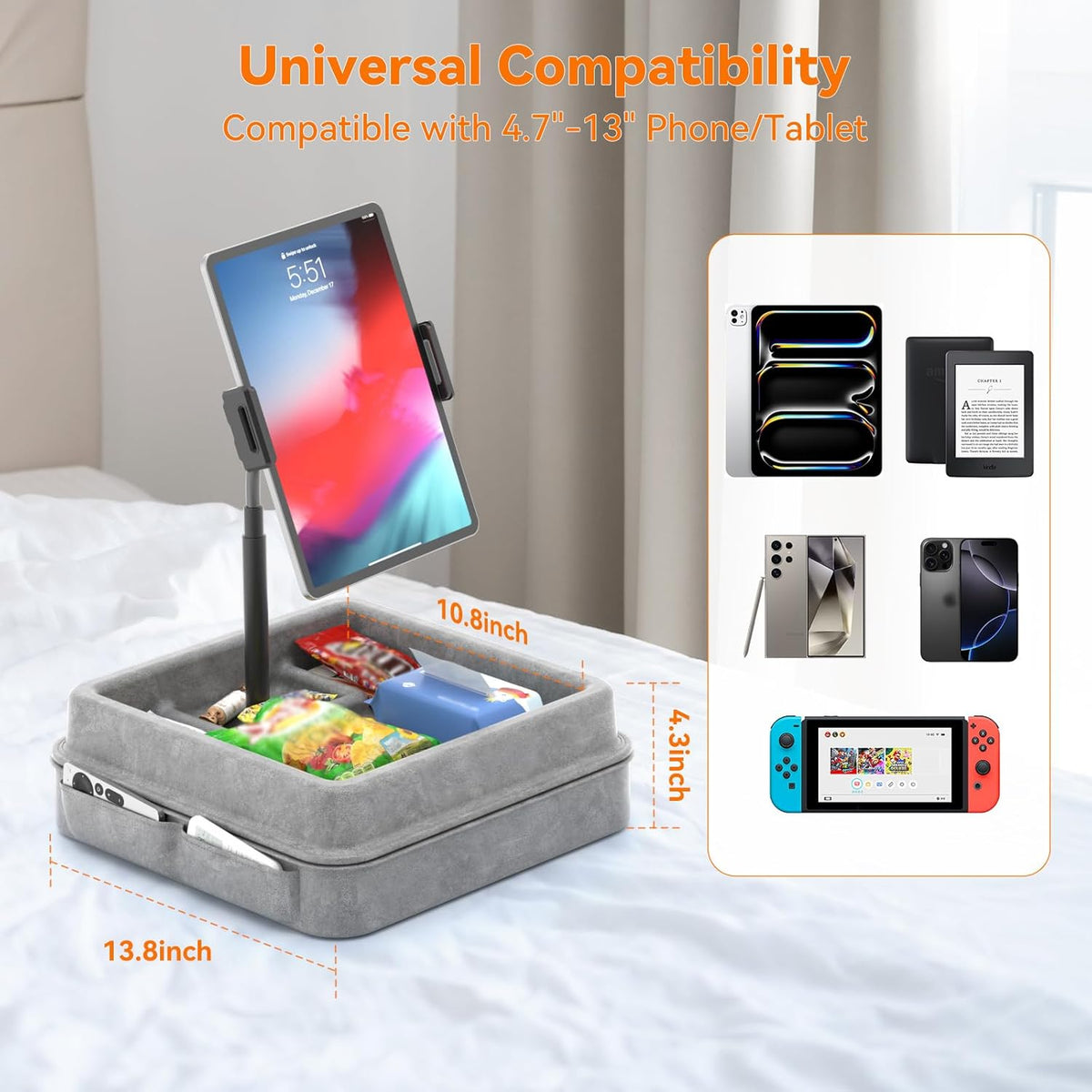KDD Tablet Pillow Holder - 360°Adjustable iPad Pillow Stand for Lap, Bed and Desk - Gooseneck Tablet Soft Pad Dock with Storage Tray and Pocket Compatible with iPad Pro 12.9, Air Mini, Phone, E-Reader