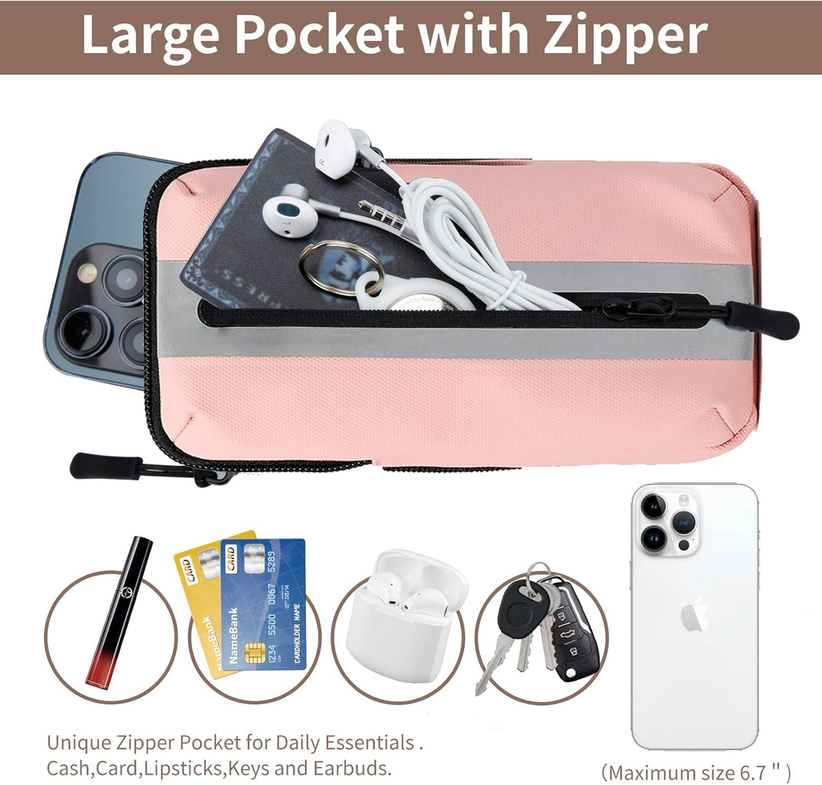 Running Phone Holder Armband, iPhone Arm Bands for Exercise, Running Arm Bands for Cell Phone, Phone Purse Cell Phone Holder for Walking (Pink)