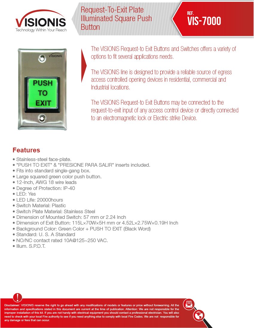 Visionis FPC-7316 VIS-ML600LED Indoor Electromagnetic Lock 600lbs for Out Swinging Door with VIS-7000 Green LED Push to Exit Button NC, COM, NO