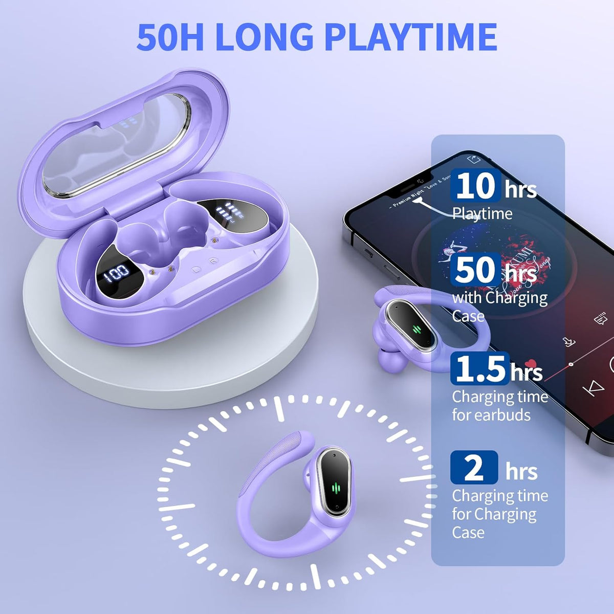 Wireless Earbuds, 2025 Bluetooth 5.4 Headphones Sport, Bluetooth Earbuds with ENC Noise Canceling Mic, 50H Stereo Wireless Headphones IP7 Waterproof with Earhooks, Dual LED Display for Workout/Running