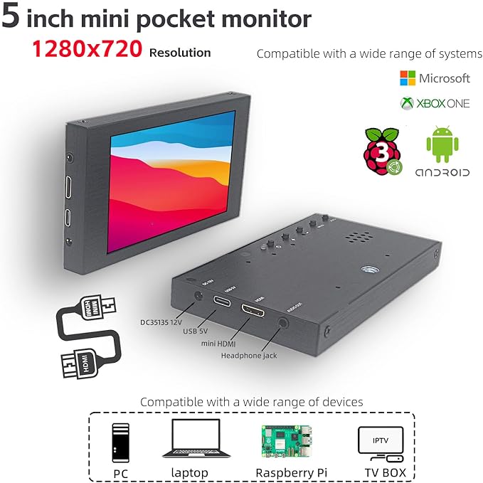 5 inch IPS Small Hdmi Monitor 1280 * 720 Mini LCD Screen Portable Display Monitor