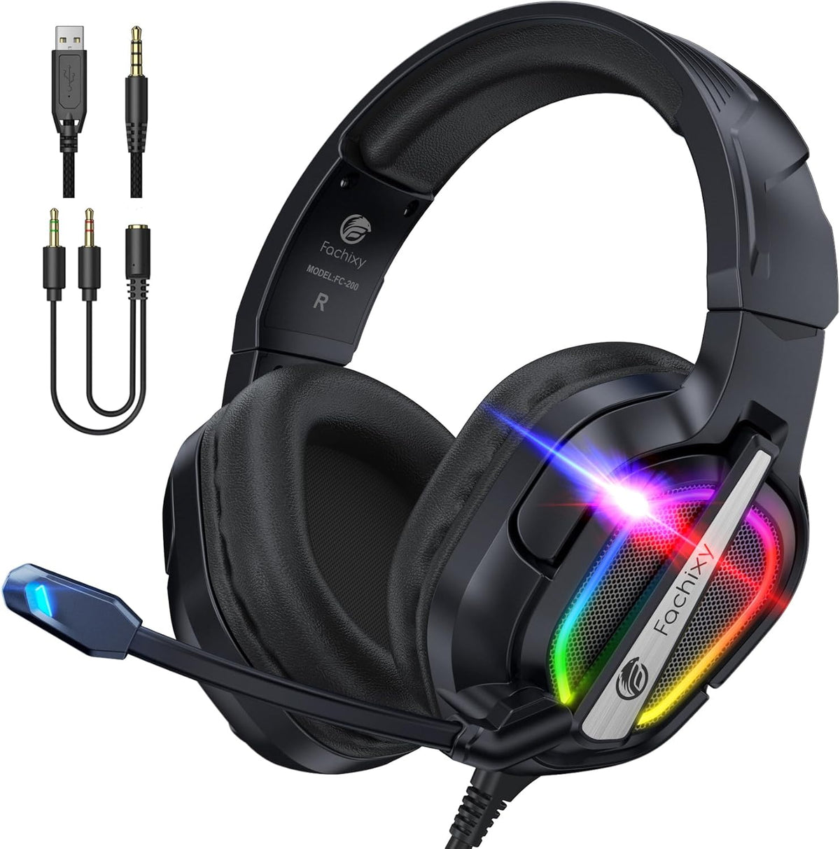 FC200 Foldable Gaming Headset for PS4, PS5, PC, Xbox, Switch - Wired Gaming Headphones with ENC Mic && RGB Light