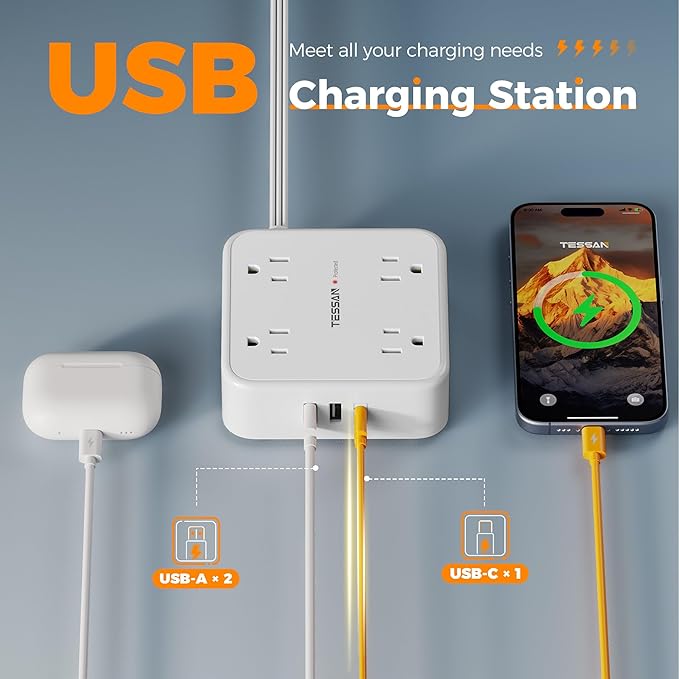TESSAN Surge Protector Power Strip, 15 Ft Flat Plug Extension Cord with 3 USB (1 USB C 20W PD) 8 Outlets, 900J Protection, 3 Sided Outlet Extender with Power Switch for Office, Dorm Room, White