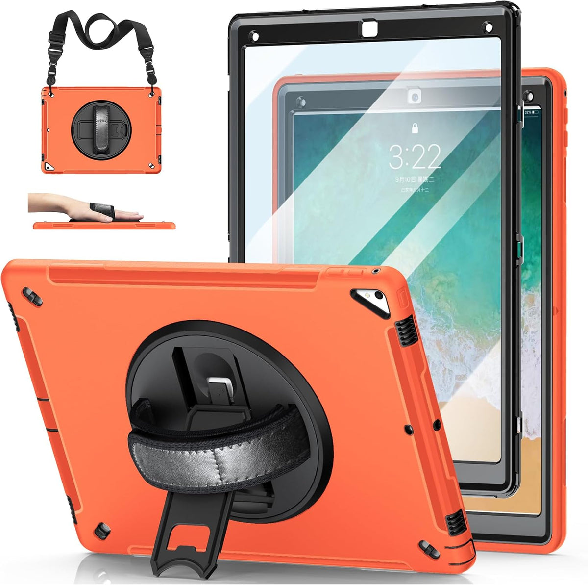 Case for iPad Pro 12.9 2nd Generation 2017 & 2015 1st Generation, Heavy Duty Rugged Shockproof Protective Cover w/ 360° Rotatable Stand + Handle Hand & Shoulder Strap + Pencil Holder-Orange